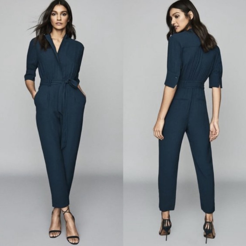 NWOT Reiss Teal Blue Freya Utility Short Sleeve, Tie Waist Jumpsuit. Siz…